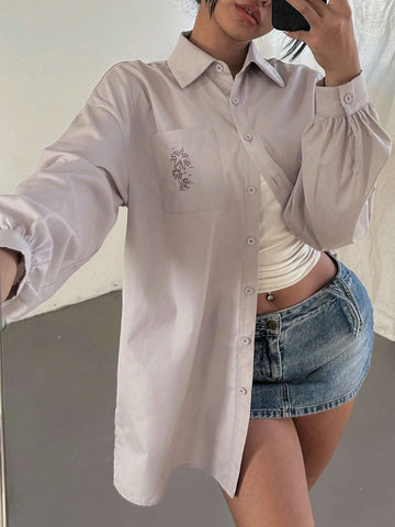 Mulvari Women's Embroidered Button Front Pocket Long Sleeve Shirt