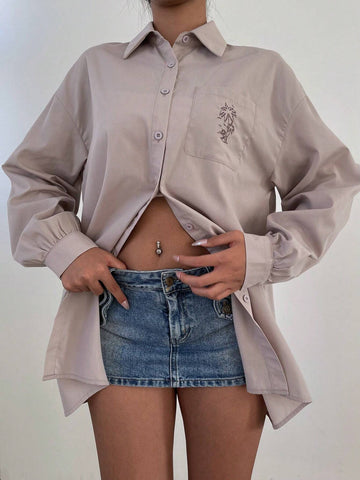 Mulvari Women's Embroidered Button Front Pocket Long Sleeve Shirt