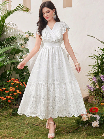 Women's Embroidered Dress With Flounce Hem And Waist Tie