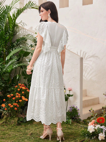Women's Embroidered Dress With Flounce Hem And Waist Tie