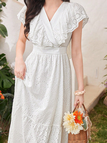 Women's Embroidered Dress With Flounce Hem And Waist Tie