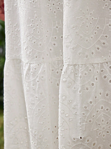 Women's Embroidered Dress With Flounce Hem And Waist Tie