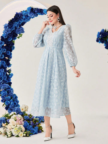 Women's Embroidered Floral Applique V-Neck Lantern Sleeve Dress Without Belt