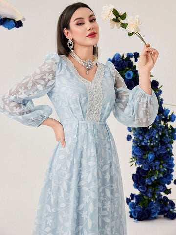 Women's Embroidered Floral Applique V-Neck Lantern Sleeve Dress Without Belt