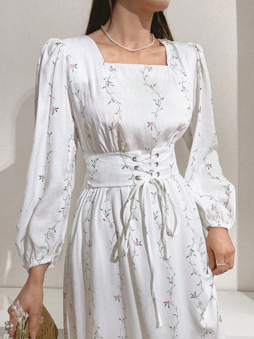 Women's Embroidered Lantern Sleeve Dress