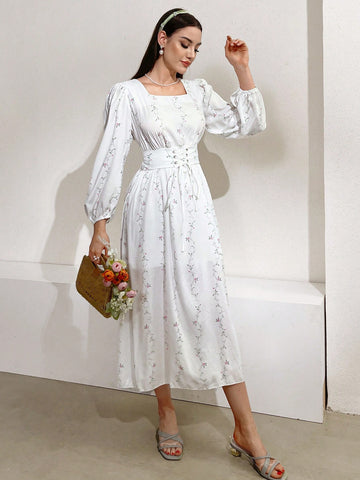 Women's Embroidered Lantern Sleeve Dress