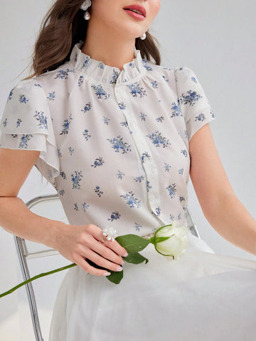 Mulvari Women's Fashionable And Elegant Stand Collar Printed Short Sleeve Shirt For Summer