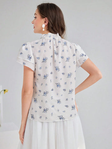 Mulvari Women's Fashionable And Elegant Stand Collar Printed Short Sleeve Shirt For Summer