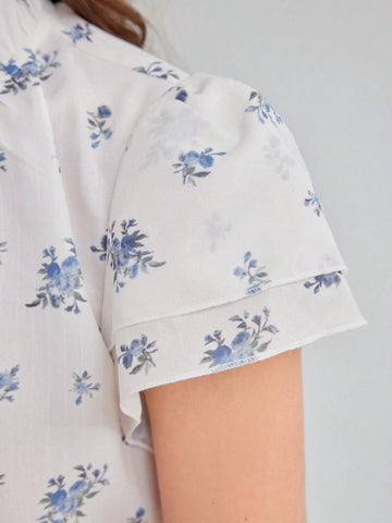 Mulvari Women's Fashionable And Elegant Stand Collar Printed Short Sleeve Shirt For Summer