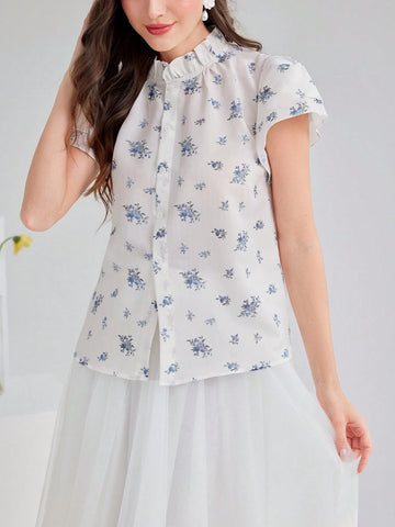 Mulvari Women's Fashionable And Elegant Stand Collar Printed Short Sleeve Shirt For Summer