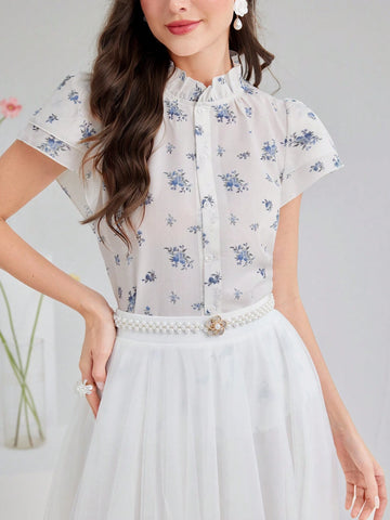 Mulvari Women's Fashionable And Elegant Stand Collar Printed Short Sleeve Shirt For Summer