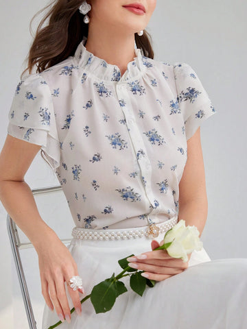 Mulvari Women's Fashionable And Elegant Stand Collar Printed Short Sleeve Shirt For Summer