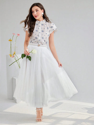 Mulvari Women's Fashionable And Elegant Stand Collar Printed Short Sleeve Shirt For Summer