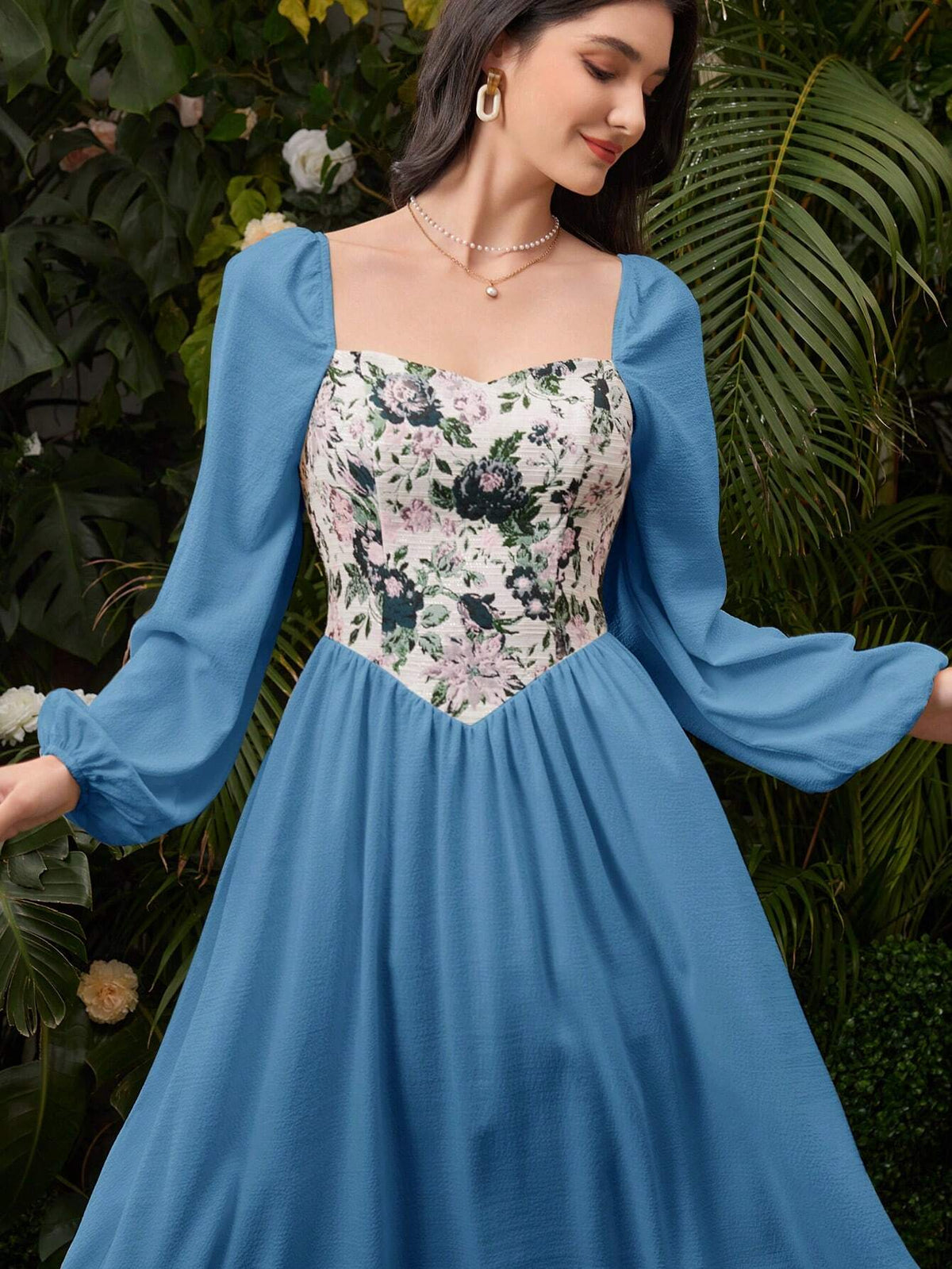 Women's Fashionable Elegant Patchwork Square Collar Long Dress