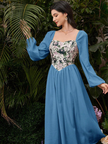 Women's Fashionable Elegant Patchwork Square Collar Long Dress