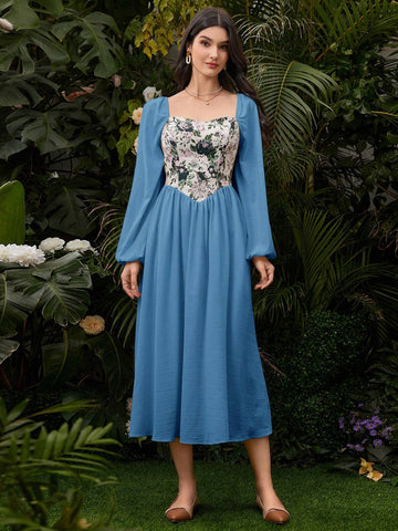 Women's Fashionable Elegant Patchwork Square Collar Long Dress