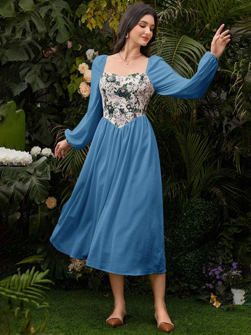 Women's Fashionable Elegant Patchwork Square Collar Long Dress