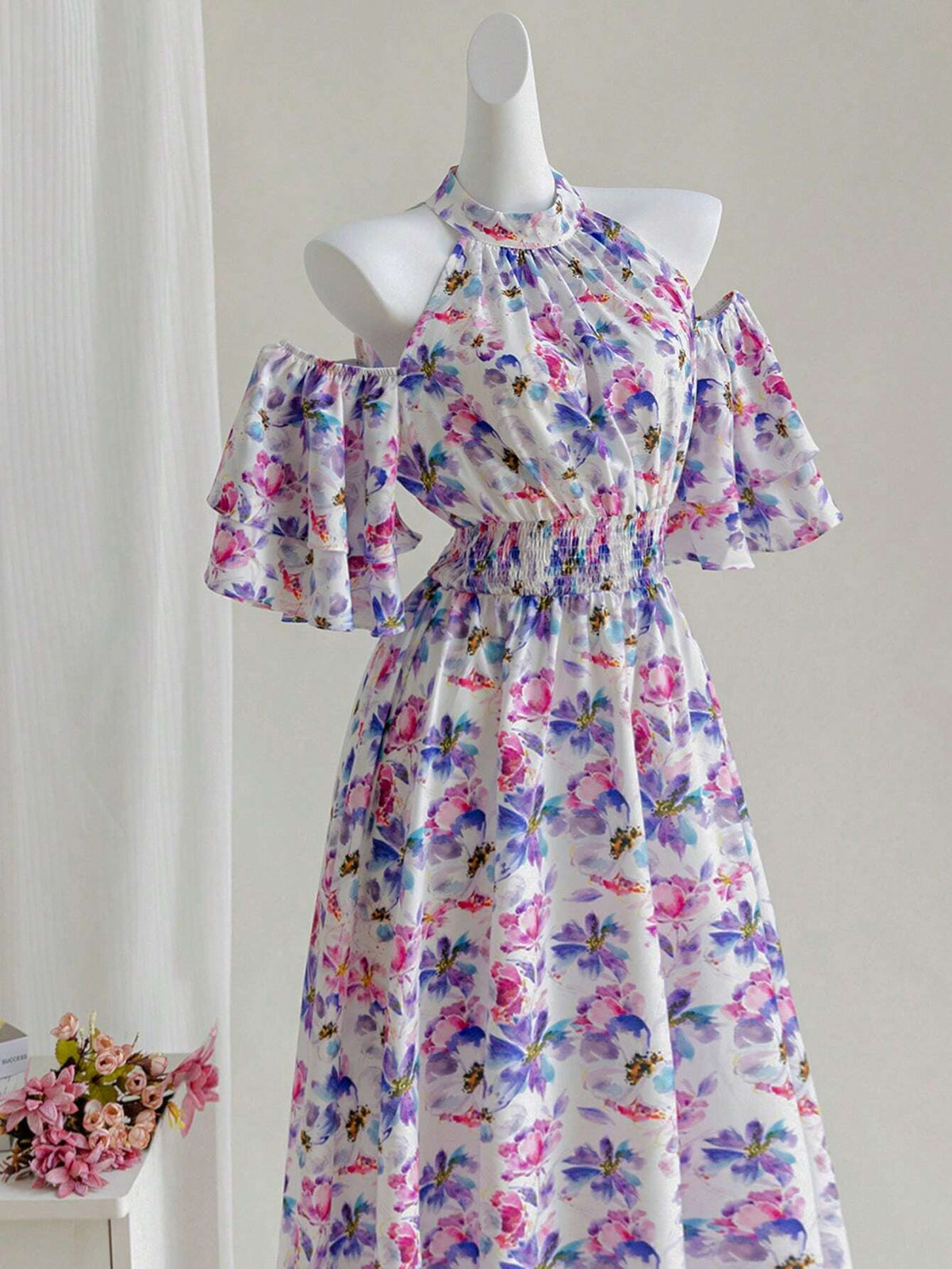 Women's Fashionable Open Shoulder Printed Long Dress With Cinched Waist