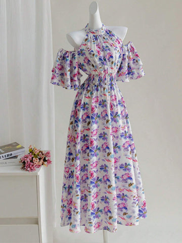 Women's Fashionable Open Shoulder Printed Long Dress With Cinched Waist