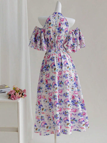 Women's Fashionable Open Shoulder Printed Long Dress With Cinched Waist