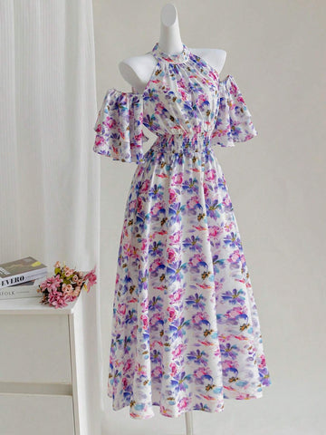 Women's Fashionable Open Shoulder Printed Long Dress With Cinched Waist