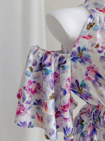 Women's Fashionable Open Shoulder Printed Long Dress With Cinched Waist