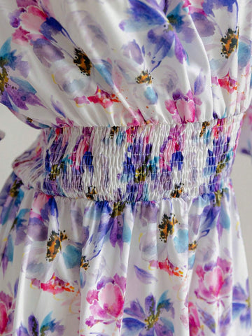 Women's Fashionable Open Shoulder Printed Long Dress With Cinched Waist