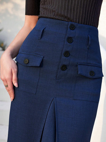 Mulvari Women's Flap Pocket Split Hem Midi Skirt