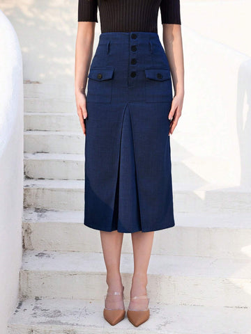 Mulvari Women's Flap Pocket Split Hem Midi Skirt