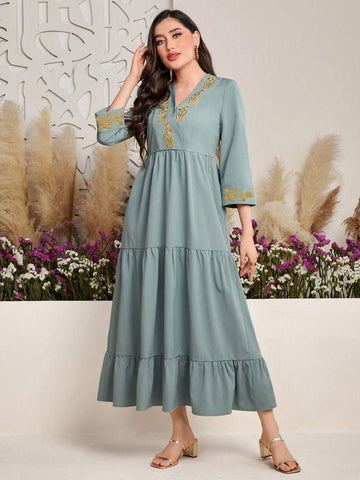 Women's Floral Embroidered 3/4 Sleeve Ruffle Hem Dress