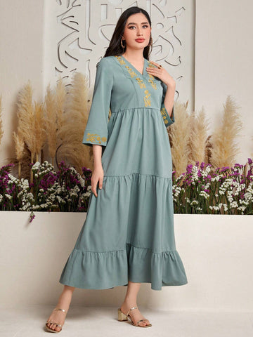 Women's Floral Embroidered 3/4 Sleeve Ruffle Hem Dress