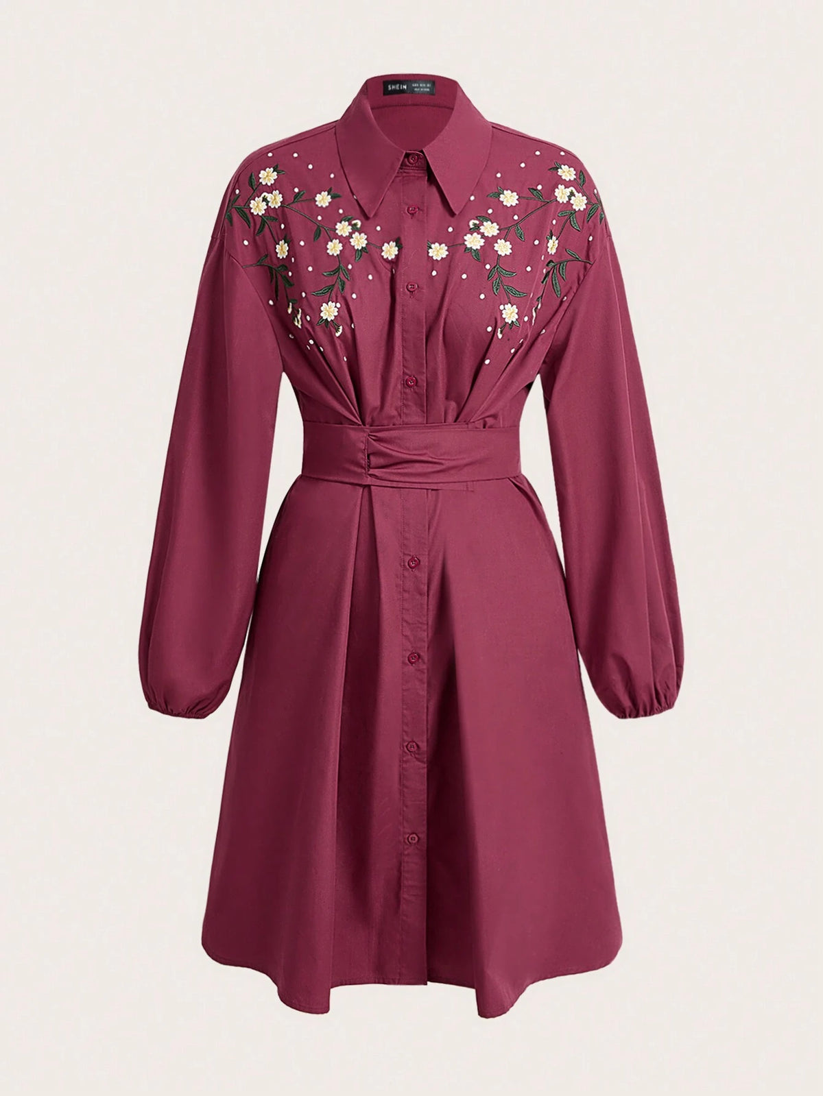 Women's Floral Embroidered Ruched Front Button Down Long Sleeve Short Dress