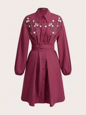Women's Floral Embroidered Ruched Front Button Down Long Sleeve Short Dress