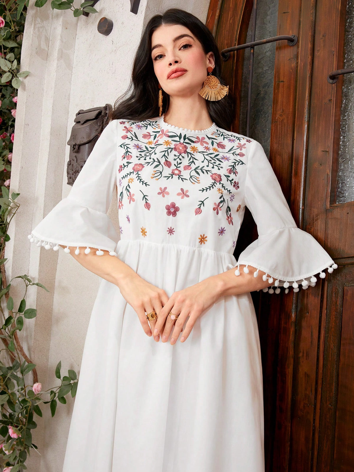Women's Floral Embroidery Design Dress With Pom-Pom Decoration And Flare Sleeves