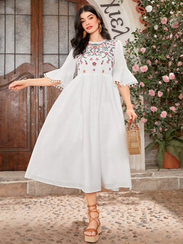 Women's Floral Embroidery Design Dress With Pom-Pom Decoration And Flare Sleeves