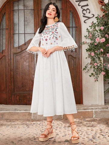 Women's Floral Embroidery Design Dress With Pom-Pom Decoration And Flare Sleeves