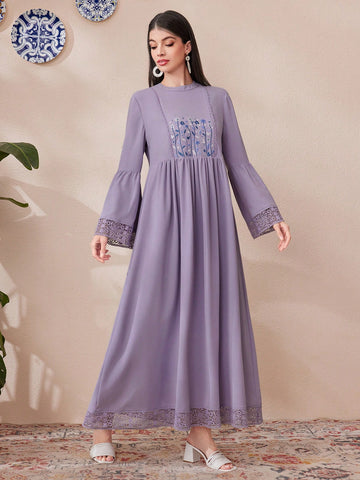Women's Floral Embroidery Lace Patchwork Waist-Cinching Dress