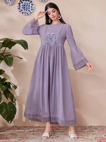 Women's Floral Embroidery Lace Patchwork Waist-Cinching Dress