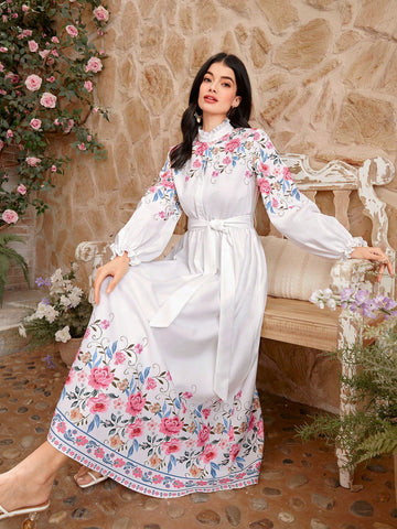 Women's Floral Pattern Lantern Sleeve Shirt Dress