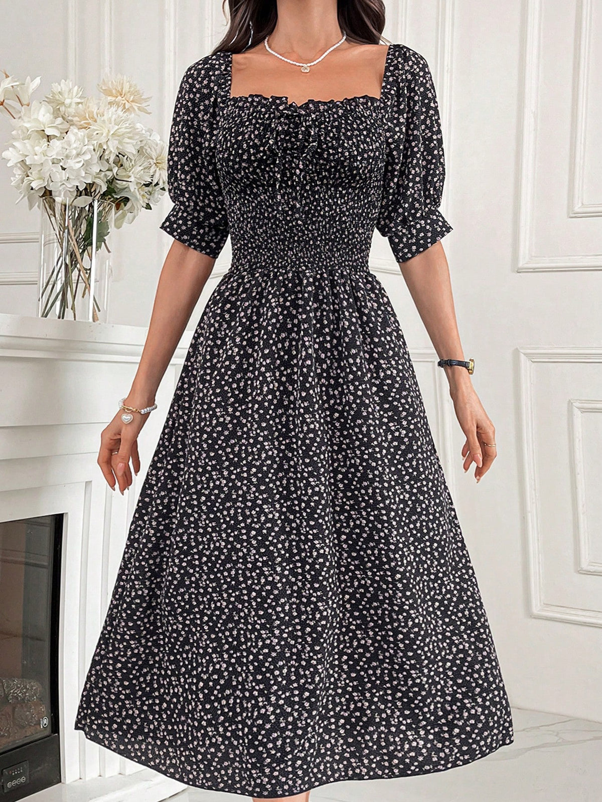Women's Floral Print Bubble Sleeve Waist Tie Dress