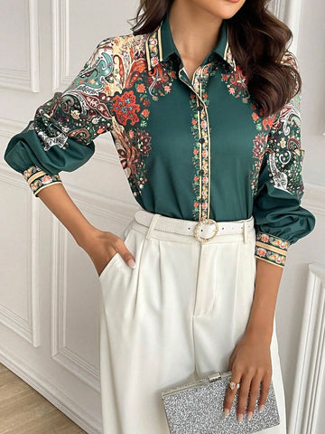 Mulvari Women's Floral Print Button Front Long Sleeve Casual Shirt, Fall Blouse