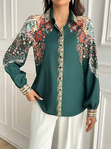 Mulvari Women's Floral Print Button Front Long Sleeve Casual Shirt, Fall Blouse