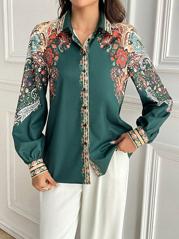 Mulvari Women's Floral Print Button Front Long Sleeve Casual Shirt, Fall Blouse