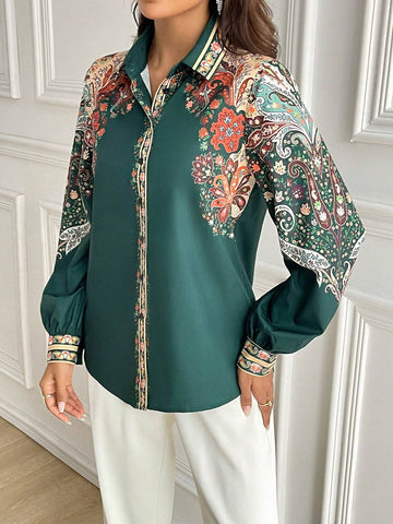 Mulvari Women's Floral Print Button Front Long Sleeve Casual Shirt, Fall Blouse