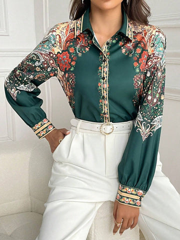 Mulvari Women's Floral Print Button Front Long Sleeve Casual Shirt, Fall Blouse