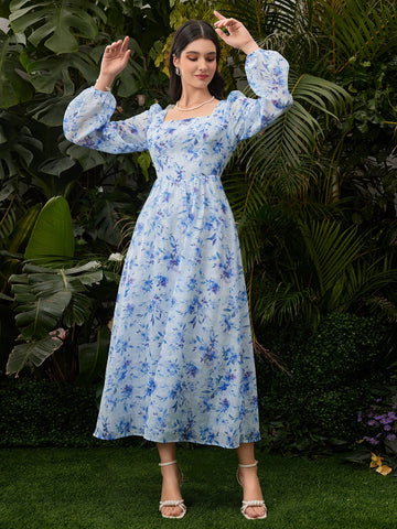 Women's Floral Print Lantern Sleeve Dress