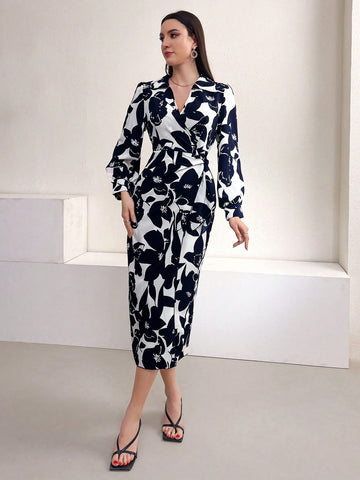 Mulvari Women's Floral Print Lantern Sleeve Dress