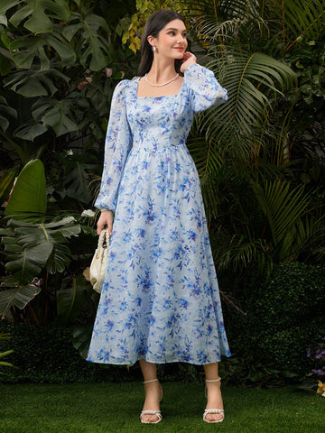 Women's Floral Print Lantern Sleeve Dress