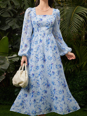 Women's Floral Print Lantern Sleeve Dress