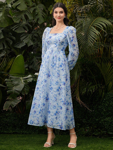 Women's Floral Print Lantern Sleeve Dress